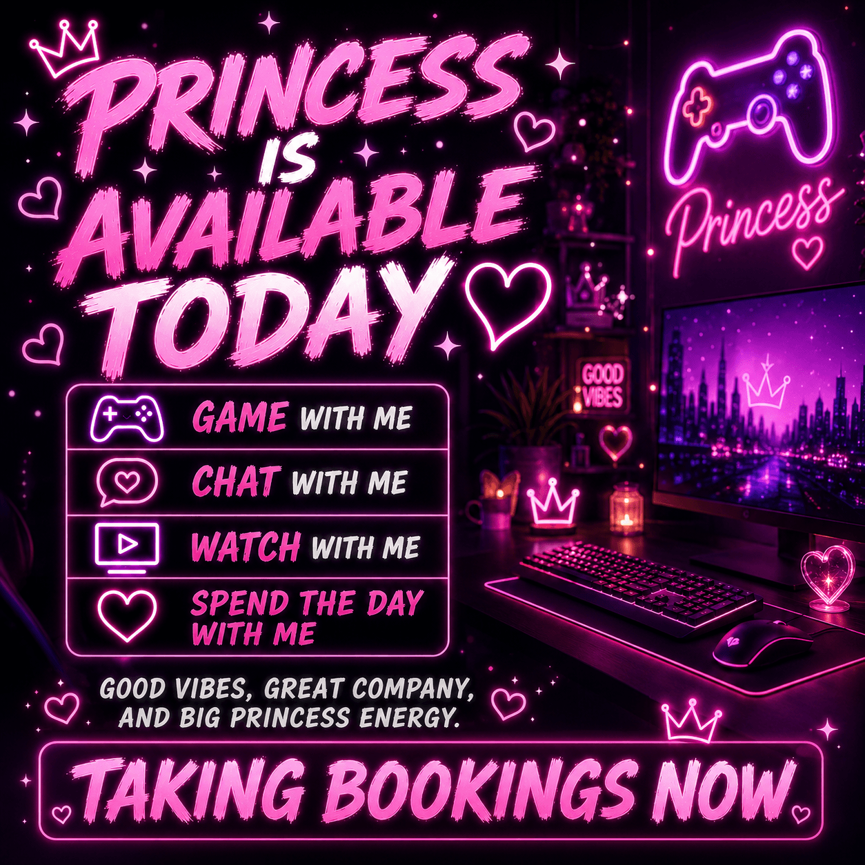 Princess is available and taking bookings ♡ 👑