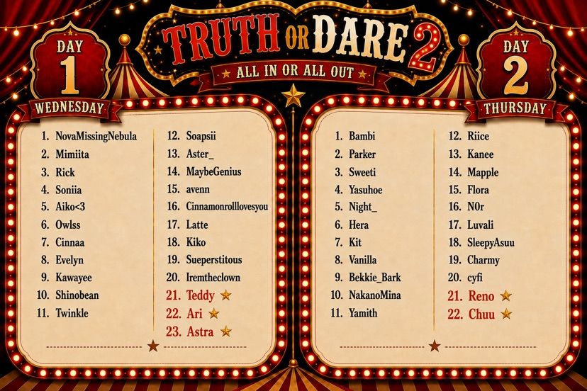 🎡🎪 Truth or Dare Night 2 Event Line Up🎪🎡